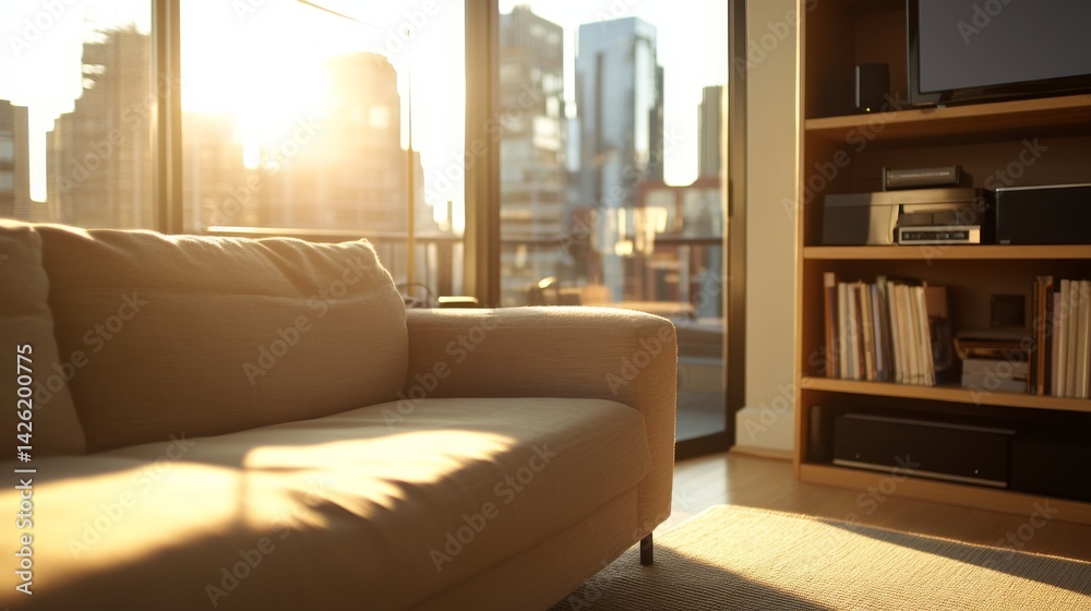 Poster soft beige couch and light wooden furniture create a cozy atmosphere in a japandi-style living room 