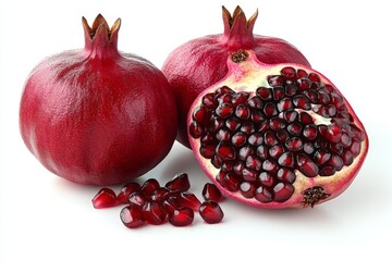 Fresh pomegranates with vibrant red seeds displayed on a white background, highlighting their juicy interior and healthy appeal