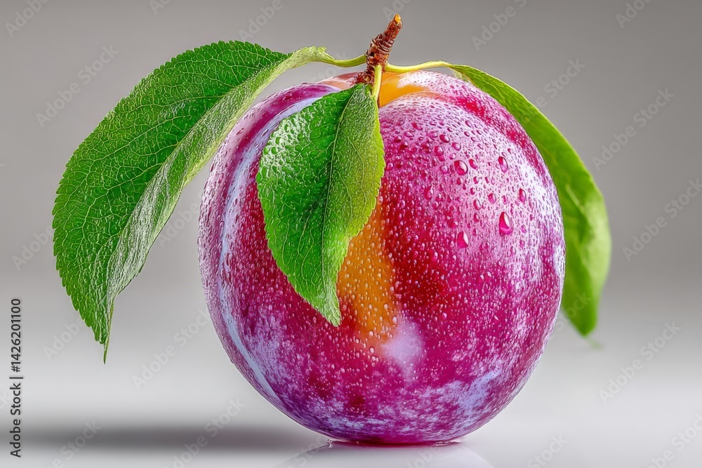Poster fresh plum with dew drops and green leaves placed on a smooth surface in bright lighting