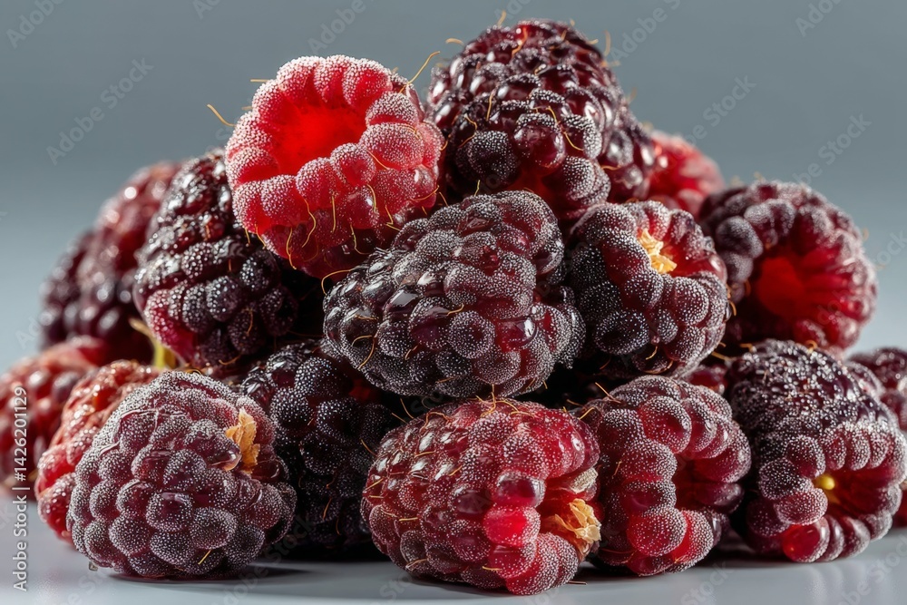 Poster fresh raspberries stacked in a vibrant arrangement showcasing their rich color and texture
