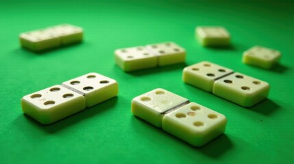A scattering of pale green dominoes rests on a vibrant green surface, hinting at a game in progress or a moment of quiet contemplation.