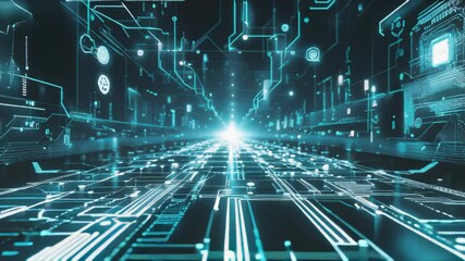 Futuristic digital circuit board design extending into a vanishing point, embodying concepts of cyberspace and data processing with blue neon elements, conveying high-tech innovation. - Powered by Adobe