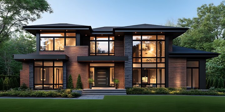Luxurious modern two-story house with warm brickwork and large black-framed glass windows, glowing interior lights, set on a manicured lawn under a clear blue sky, surrounded by greenery.  