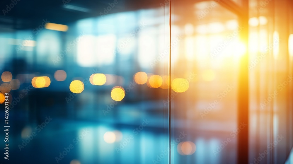 Aufkleber Sleek office space showcases glass partitions illuminated by soft bokeh lights, creating a warm and inviting ambiance in a contemporary design