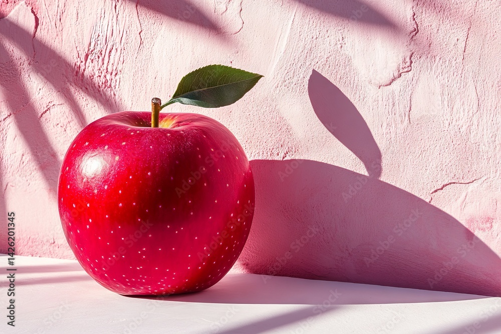 Leinwandbilder bright red apple on pink textured surface with natural shadows creating an artistic effect during da