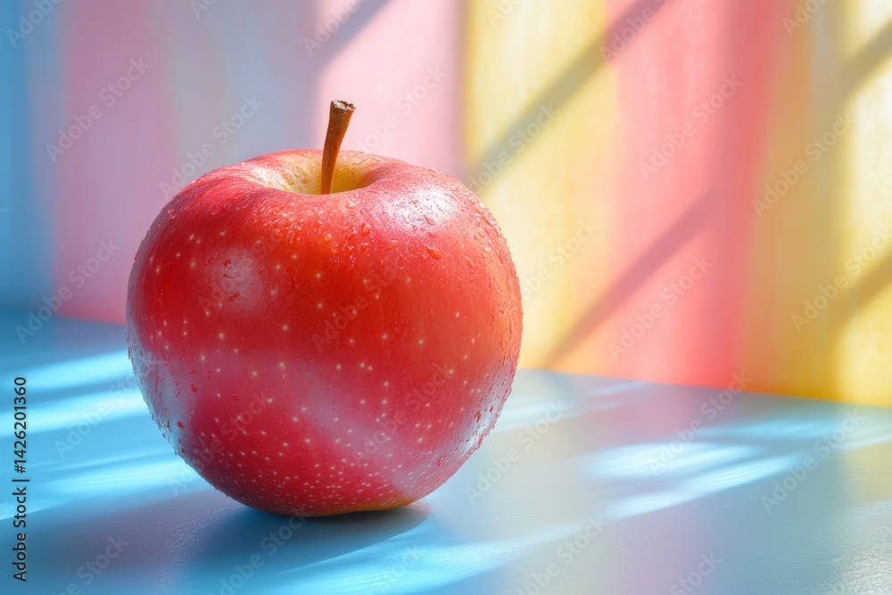 Aufkleber bright red apple resting on blue surface with colorful shadows in background during daylight
