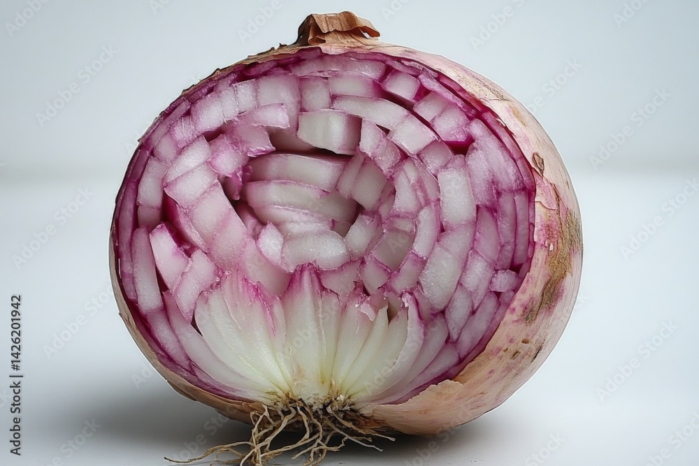 Poster Red onion cut in half showcasing layers and texture in a light setting
