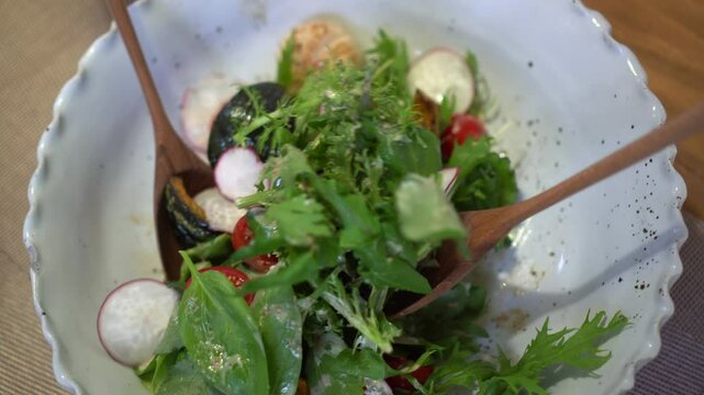 padels mixing green salad with pumpkins tomatoes beets and scallop fresh healthy food