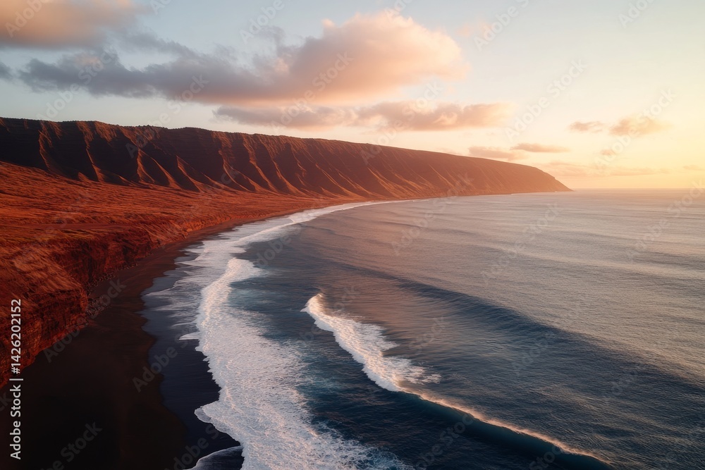 Poster captured at golden hour, turquoise waves crash against rocky cliffs, creating a dramatic scene along