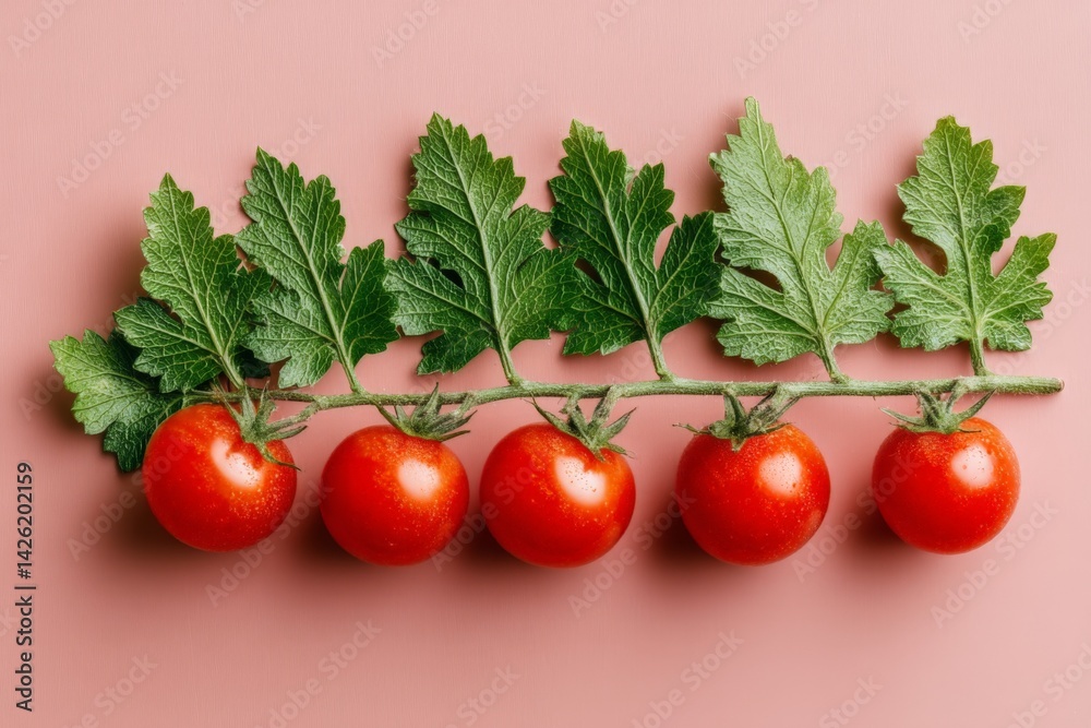 Poster fresh red tomatoes with vibrant green leaves arranged on a pink background for a colorful display in