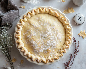 Delicious freshly baked pie crust sprinkled with sugar, ready for filling, surrounded by decorative elements.