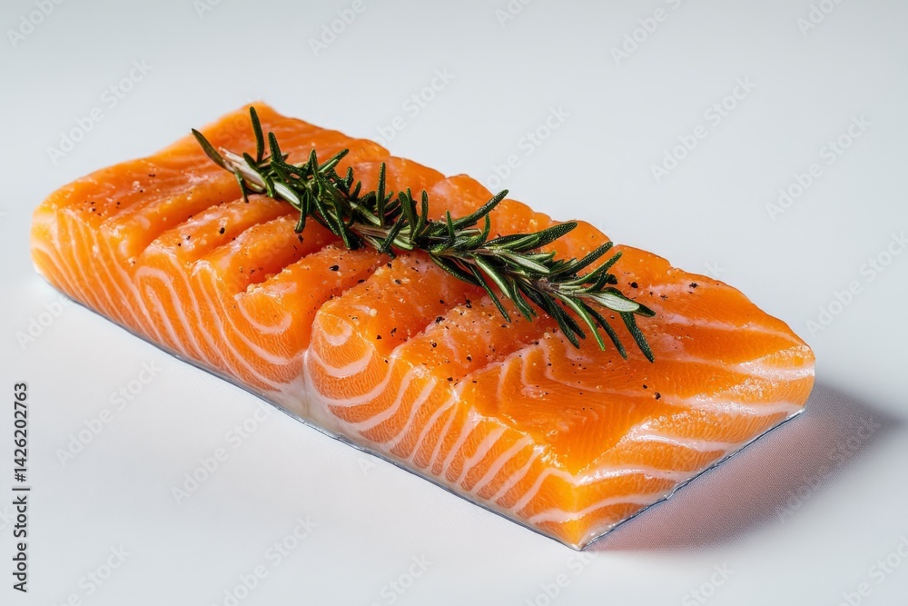 Aufkleber freshly sliced salmon with a touch of rosemary on a clean white background showcasing vibrant colors