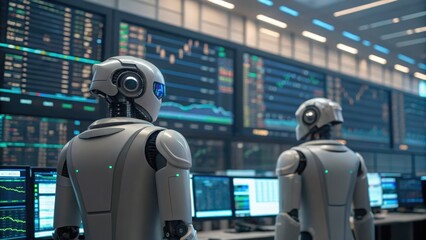 The Economic of AI-AI in Economic Policy & Governance Futuristic robots analyze data in a high-tech trading environment.