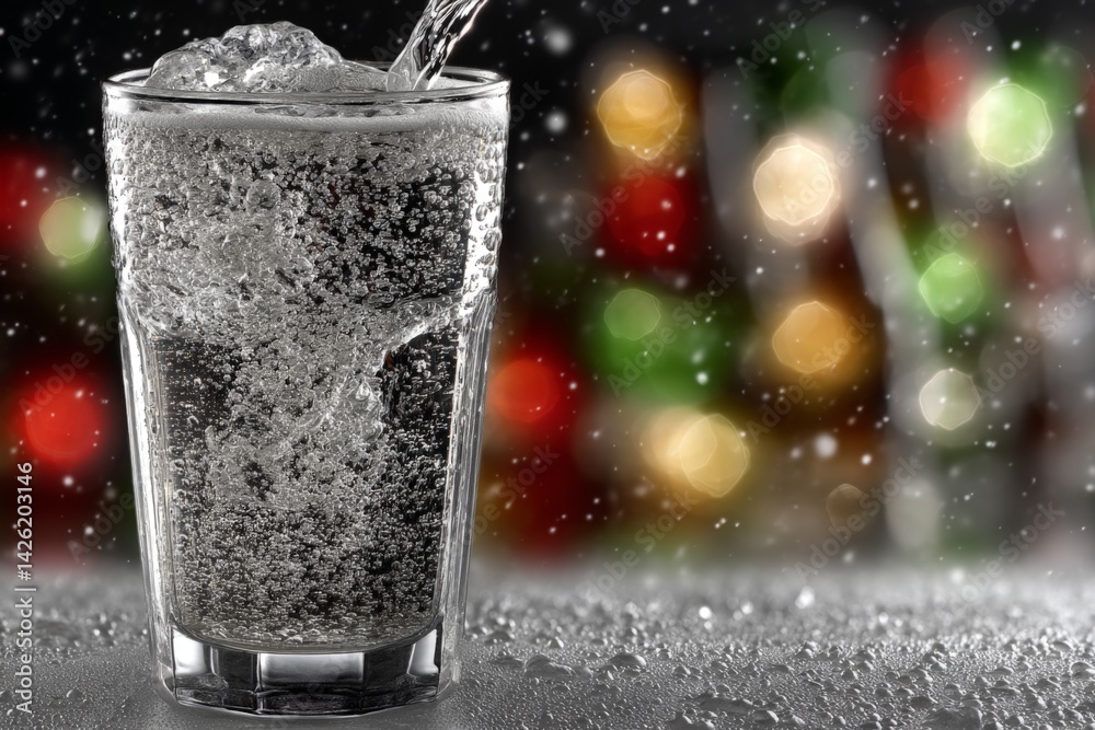 Aufkleber sparkling water poured into a glass with bubbles and blurred colorful background at a lively gatheri