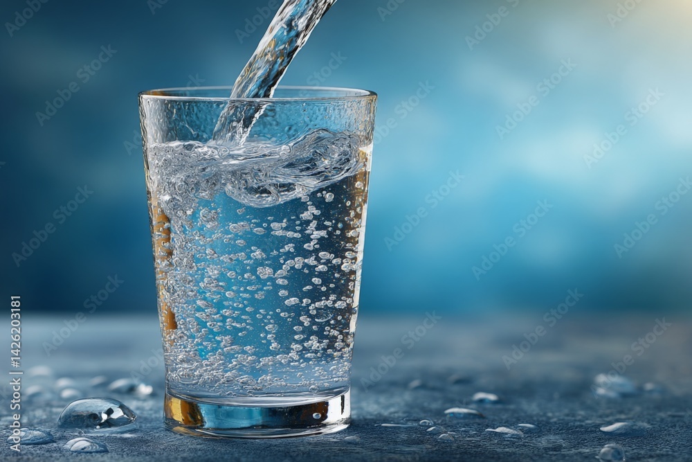Poster bubbles form as water is poured into a glass on a dark surface with a hazy blue background