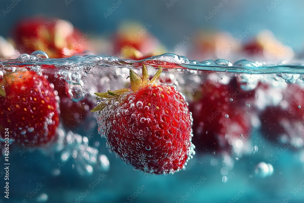 Poster Fresh strawberries submerged in sparkling water creating a refreshing visual delight