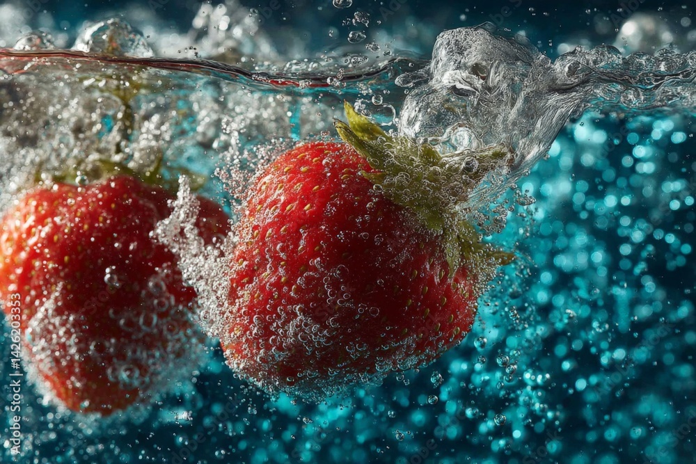 Poster strawberries splash into water creating bubbles and a lively atmosphere