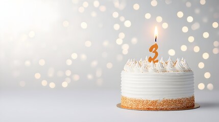 Festive third birthday cake with lit candle against a bokeh background