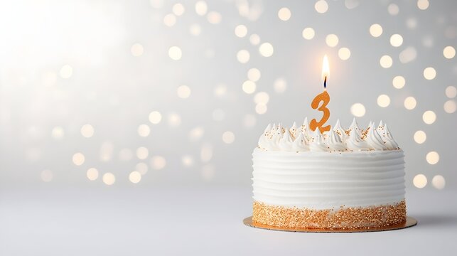 Festive third birthday cake with lit candle against a bokeh background