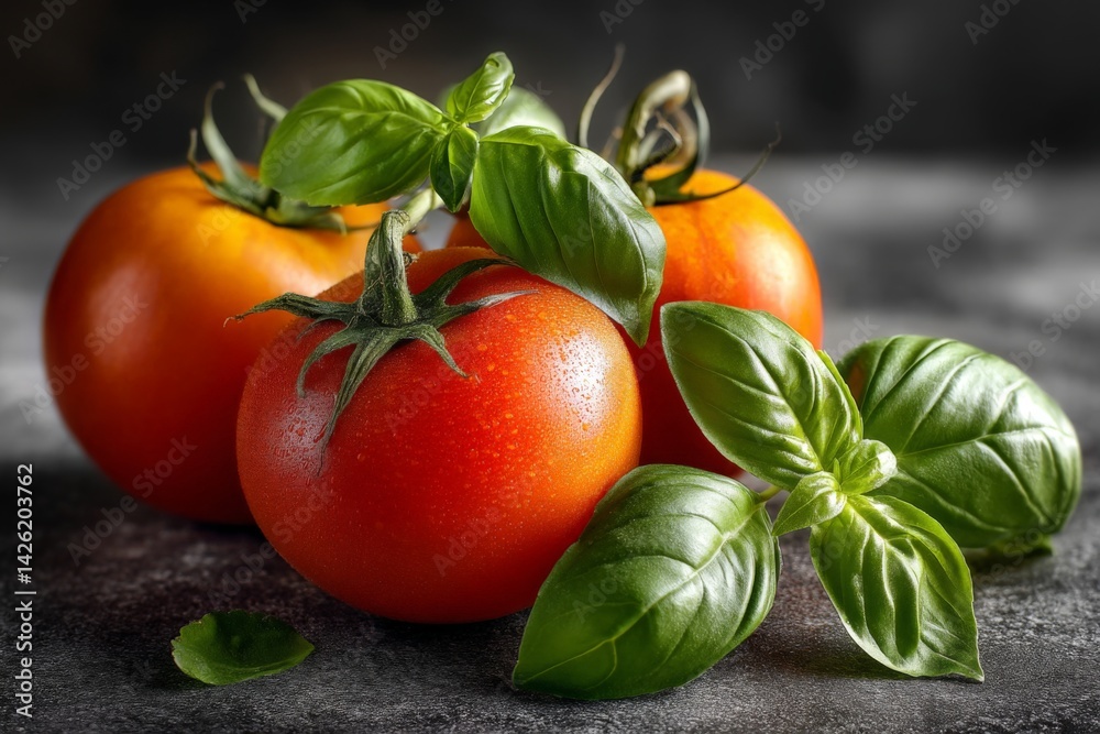 Poster fresh red tomatoes and aromatic basil leaves on a dark background highlighting a vibrant food compos