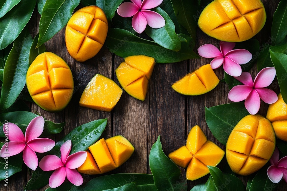 Poster freshly cut mango slices arranged with vibrant pink flowers on green leaves in a rustic setting