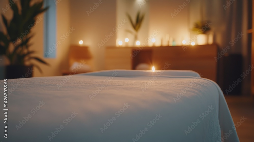 Aufkleber soft white linens cover the massage table in a tranquil spa room illuminated by warm light and surro