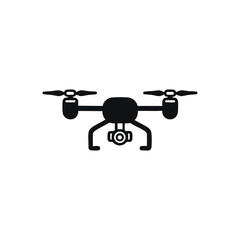 Black drone icon illustration with propellers and camera, vector silhouette quadcopter design for technology, aerial photography, and innovation themes