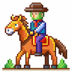 Obraz premium Pixel Art Cowboy Riding Horse Colorful Retro Video Game Character