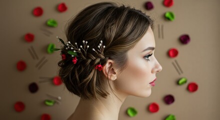 Profile portrait of a woman with an elegant hairstyle adorned with flowers, against a colorful backdrop - short on the back long on the front hairstyles