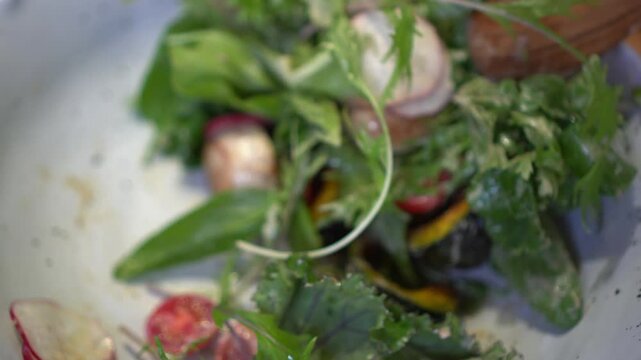 padels mixing green salad with pumpkins tomatoes beets and scallop fresh healthy meal