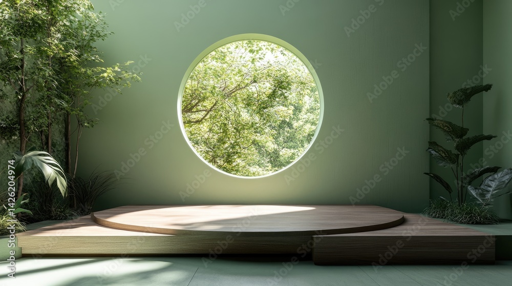 Poster a serene green room with a round window and a wooden podium, creating a harmonious and natural setti
