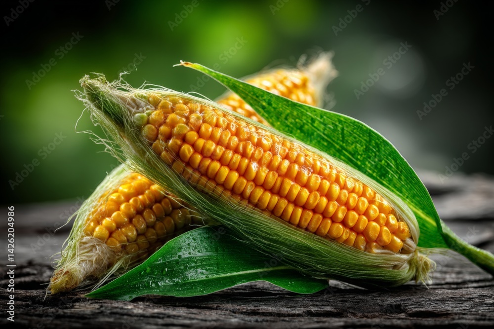 Aufkleber freshly harvested corn cobs with vibrant kernels displayed on a rustic wooden surface in natural lig