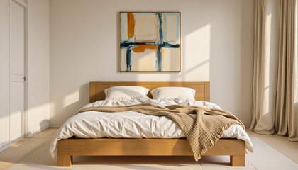 Modern interior design architecture photography: A sunlit bedroom showcases a minimalist design with a wooden bed frame, white linens, a textured throw blanket, and a framed abstract painting hangin
