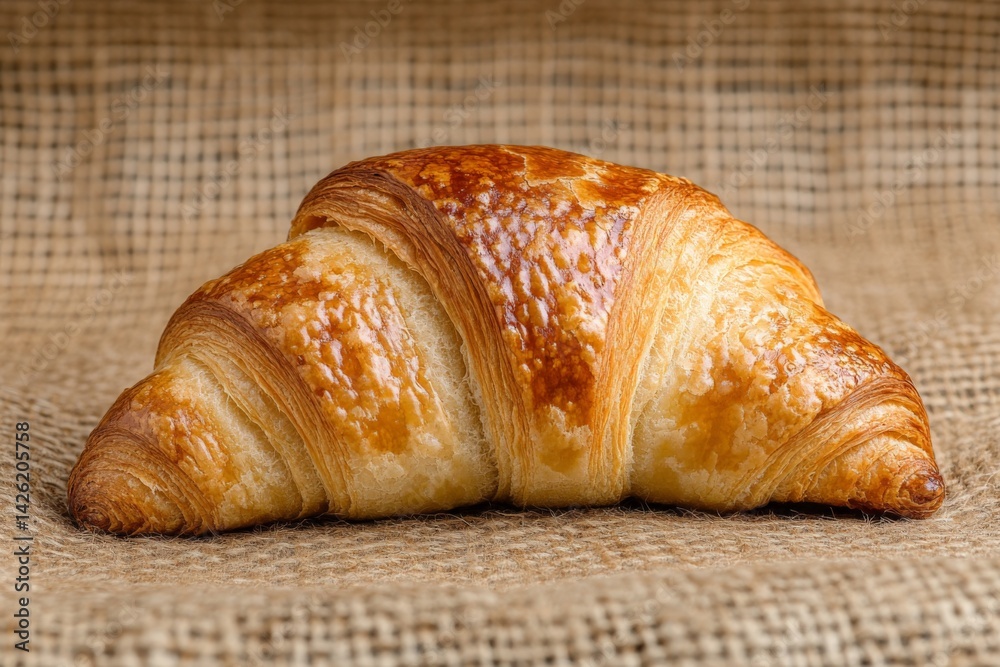 Poster delicious golden croissant resting on burlap fabric, showcasing its flaky layers and shiny crust