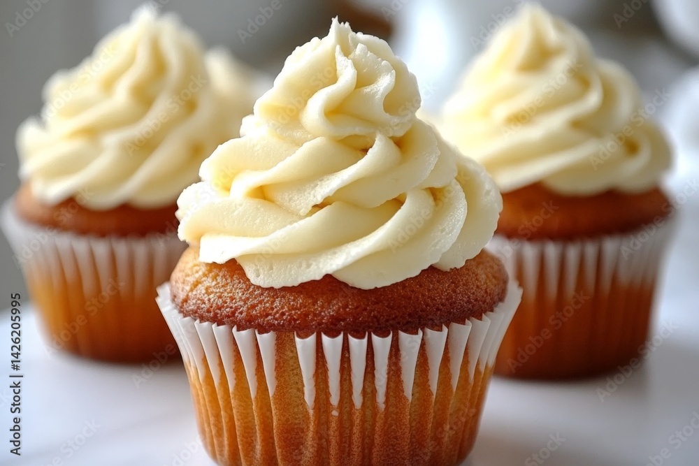 Poster sweet vanilla cupcakes with fluffy frosting displayed on a table for a delightful dessert experience