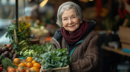 a confident elderly entrepreneur showcasing her homegrown vegetables