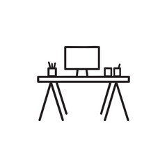 Home office desk with computer, stationery, and workspace essentials line art icon, minimal vector design for productivity, workplace, and business