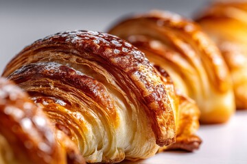Freshly baked croissants arranged neatly on a display with a warm golden color