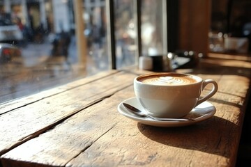 Fototapeta premium Warm latte resting on a wooden table near a window in a bustling café during the afternoon