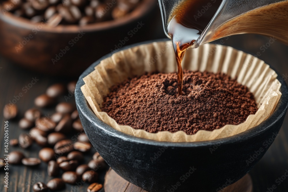 Poster brewing fresh coffee with a pour-over method in a rustic kitchen setting