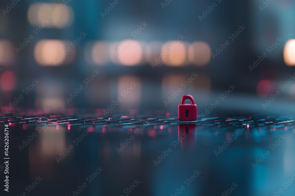 Poster A padlock icon hovers over a blurred grid of digital binary code, highlighting the crucial theme of data privacy in an advanced technology landscape
