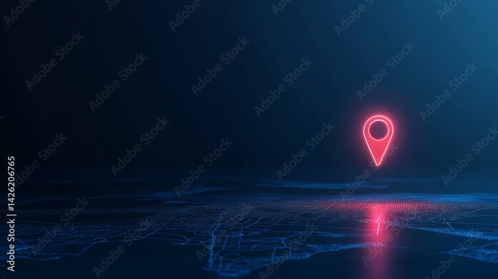 Poster A glowing red location pin hovers above a 3D map against a gradient blue background, symbolizing navigation and exploration with ample space for text