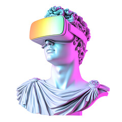 Futuristic bust wears virtual reality headset in vibrant neon colors. Digital art concept mixing ancient statue with modern metaverse technology.