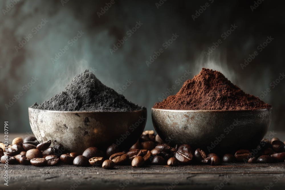Poster Coffee grounds and roasted beans create a rich display of color and texture in an artisanal setting filled with warmth and aroma
