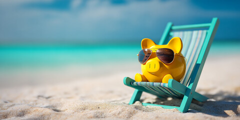 Yellow piggy bank wearing sunglasses relaxes on beach chair, symbolizing saving for summer vacation or financial security