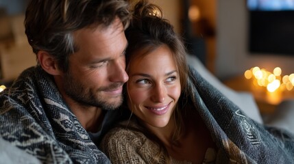 Close-up of a happy couple enjoying cozy moment together at home, wrapped in a blanket with warm lighting