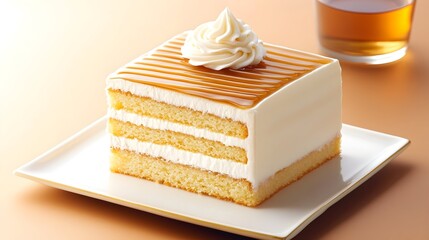Caramel-glazed layered cake with whipped cream, served on a white square plate