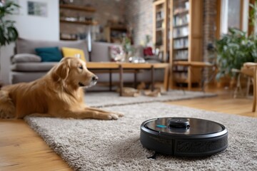 A robotic vacuum cleaner operates while a golden retriever lies calmly on the carpet, illustrating the harmony between pet ownership and advanced home cleaning technology.