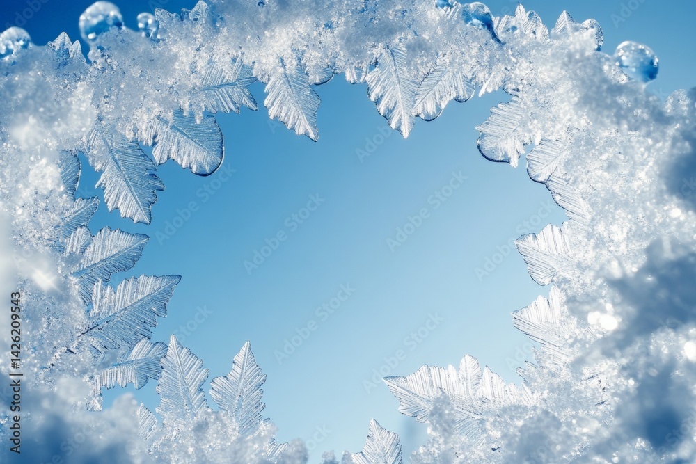 Aufkleber winter frost formations create a natural frame against a clear blue sky at midday in a serene outdoo