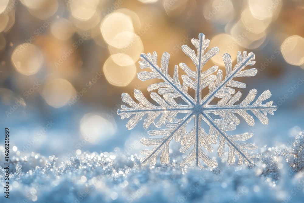 Poster snowflake glistens delicately on a snowy surface with a soft golden background during winter